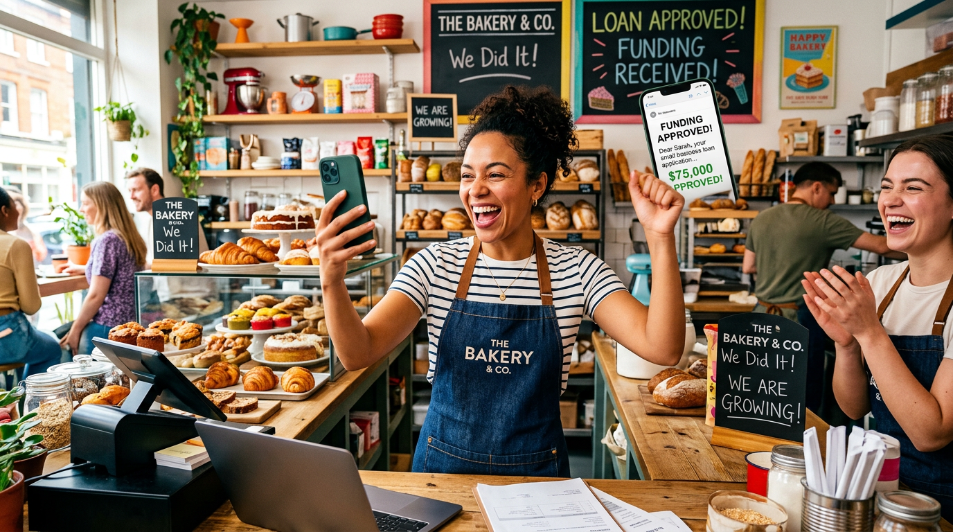 Bakery staff celebrating funding approval with phone showing $75,000 approved message